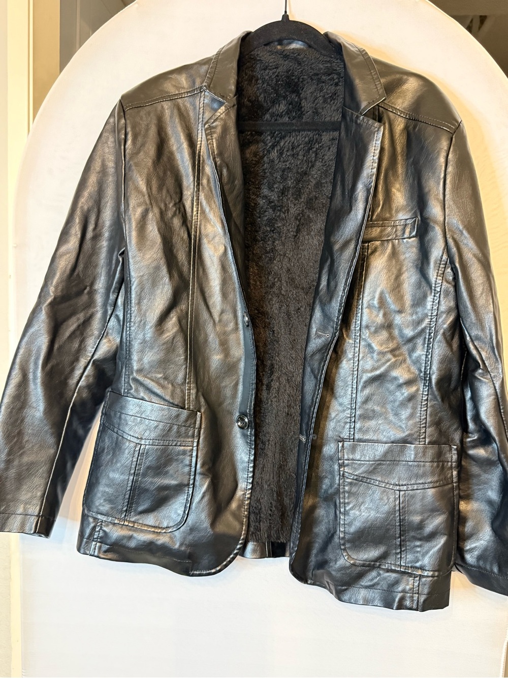 Men’s Black Faux Leather Blazer Jacket Sherpa Plush Lined Winter Coat